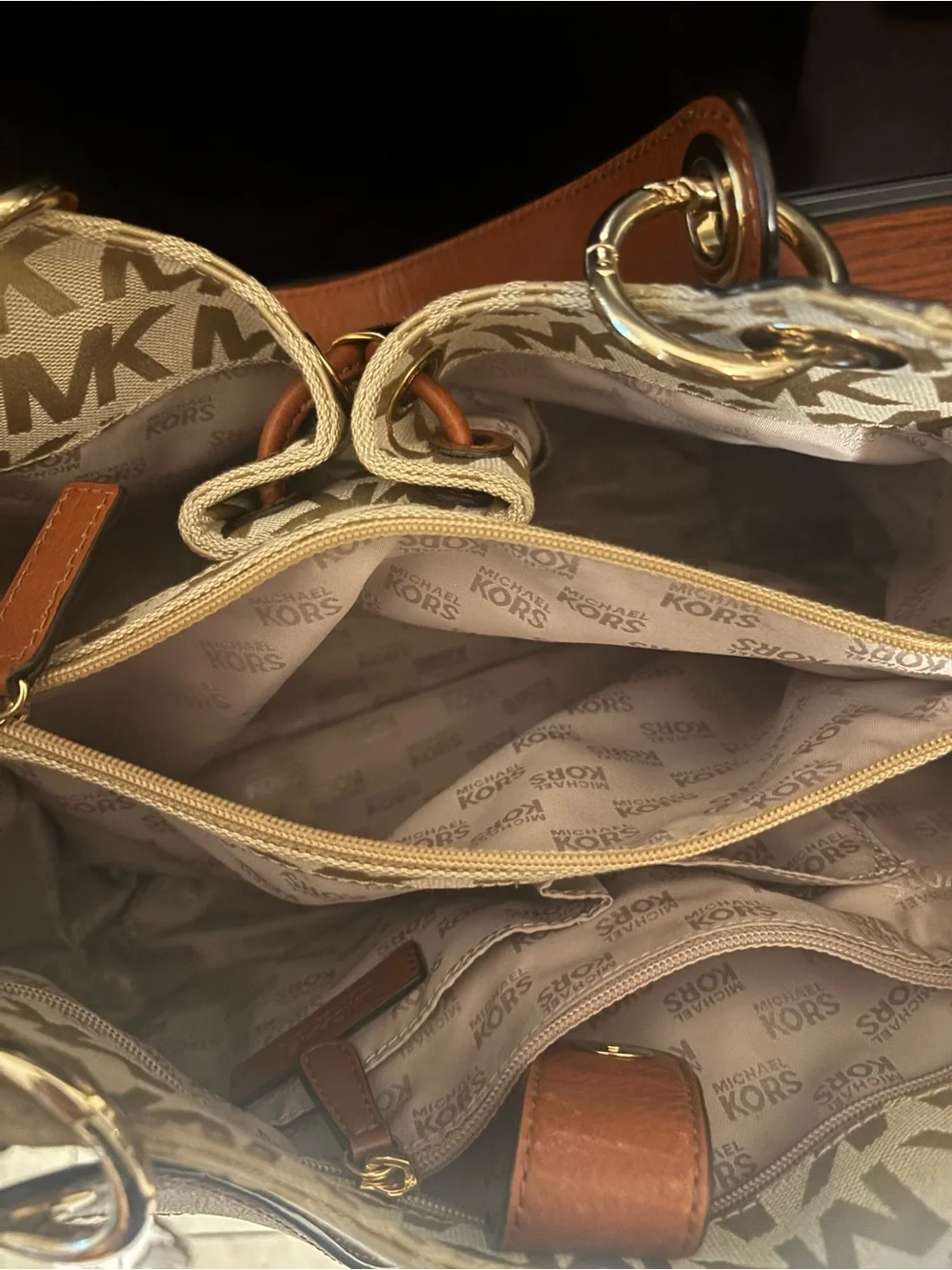 Michael Kors Cream & Tan MK Signature Drawstring Tote with Matching Wallet